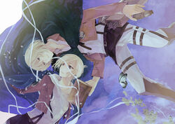  1boy annie_leonhart armin_arlert belt blonde_hair blue_eyes book boots buckle bug butterfly cape commentary_request emblem female flare_gun hood jacket long_sleeves military military_uniform paradis_military_uniform photoshop_(medium) ponytail shingeki_no_kyojin short_hair survey_corps_(emblem) thigh_strap three-dimensional_maneuver_gear uniform yucco 