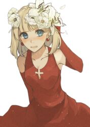  blonde_hair blue_eyes blunt_bangs blush breasts cleavage commentary_request dress earrings elbow_gloves elysion female flower gloves highres hrmnas jewelry lily_(flower) medium_breasts open_mouth red_dress red_gloves short_hair sleeveless sleeveless_dress solo sound_horizon stella_(sound_horizon) 