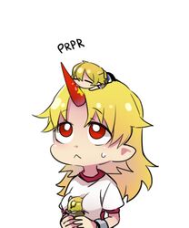  2girls 6_(yuchae) :&lt; blonde_hair breast_smother breasts chibi chibi_on_head clone commentary_request cuffs face_to_breasts horns hoshiguma_yuugi licking licking_horn long_hair medium_breasts mini_person minigirl mizuhashi_parsee multiple_girls on_head paru_paru pointy_ears red_eyes shackles shirt single_horn sweatdrop t-shirt touhou 