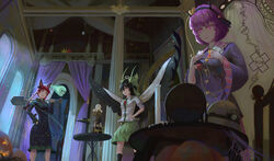  3girls animal_ears bird_wings black_hair black_hat black_wings blouse bow braid breasts buttons candle cat_ears commentary curtains decorations despacito dress evil_smile extra_ears eyeball frills ghost ghost_tail green_bow green_skirt hair_ornament hairband hairbow hand_on_own_hip hard_hat hat hat_ribbon heart heart_hair_ornament heart_of_string helmet highres horns invisible kaenbyou_rin komeiji_koishi komeiji_satori lamp light_particles light_rays long_hair long_sleeves looking_at_another looking_down mini_hat mirror multiple_girls palace pillar pink_eyes pink_hair pink_skirt pumpkin red_eyes red_hair reiuji_utsuho ribbon shirt short_hair shovel silk skirt skull smile spider_web table teasmacker third_eye touhou twin_braids wide_sleeves wings 