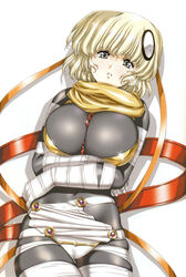  anita_(growlanser) bodysuit breasts covered_navel crossed_arms female grey_eyes growlanser growlanser_vi hair_ribbon large_breasts official_art orange_ribbon photoshop_(medium) ribbon short_hair solo urushihara_satoshi white_background white_hair 