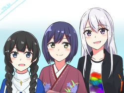  3girls :d :o alternate_hairstyle black_hair black_jacket blue_eyes blue_hair blue_shirt blush braid closed_mouth collarbone commentary_request dress floral_print gradient_background hair_ornament hair_over_shoulder hairclip height_difference higuchi_kaede higuchi_kaede_(2nd_costume) jacket japanese_clothes jewelry kimono long_hair looking_at_viewer mole mole_under_eye multiple_girls necklace nijisanji obi open_clothes open_jacket open_mouth pendant print_kimono purple_eyes rainbow red_kimono sash shirt shizuka_rin shizuka_rin_(2nd_costume) short_hair side-by-side smile t-shirt tsukino_mito tsukino_mito_(2nd_costume) twin_braids upper_body virtual_youtuber white_hair white_shirt yagara_(kishimen_f) yellow_eyes yukata 