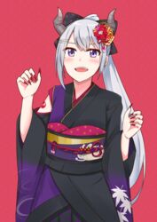  blush claw_pose commentary_request fangs female fingernails grey_hair higuchi_kaede higuchi_kaede_(5th_costume) horns japanese_clothes looking_at_viewer mole mole_under_eye nail_polish nijisanji obi ponytail purple_eyes red_background sash sharp_fingernails smile solo virtual_youtuber yagara_(kishimen_f) 