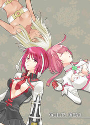  3girls ahoge arc_system_works bare_shoulders beltbra breasts center_opening cleavage cleavage_cutout closed_eyes clover dark_skin dress elphelt_valentine female four-leaf_clover gloves guilty_gear guilty_gear_2 guilty_gear_xrd large_breasts lips long_hair long_sleeves looking_at_viewer lying multiple_girls on_back open_mouth parted_lips pink_hair platinum_blonde platinum_blonde_hair ramlethal_valentine red_eyes red_hair ribbon shio_kirrameru short_hair sleeping smile valentine_(guilty_gear) wedding_dress white_dress 