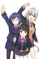  3girls arm_up black_hair black_legwear blazer blue_eyes blue_hair braid cardigan commentary_request facing_viewer french_braid grey_hair hair_ornament hairclip hand_on_own_hip higuchi_kaede higuchi_kaede_(1st_costume) jacket jk_gumi_(nijisanji) long_hair looking_at_viewer mole mole_under_eye multiple_girls nijisanji open_clothes open_jacket outstretched_arm pantyhose plaid plaid_skirt pleated_skirt pocket ponytail purple_eyes school_uniform shizuka_rin shizuka_rin_(1st_costume) short_hair skirt smile thighhighs tsukino_mito tsukino_mito_(1st_costume) virtual_youtuber white_background white_legwear yagara_(kishimen_f) zettai_ryouiki 