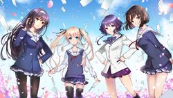  4girls blonde_hair blue_eyes brown_hair cherry_blossoms commentary_request highres hyoudou_michiru kasumigaoka_utaha katou_megumi kneehighs long_hair multiple_girls outdoors pantyhose red_eyes saenai_heroine_no_sodatekata sawamura_spencer_eriri school_uniform short_hair skirt socks sweater_vest thighhighs yamanashi_kawanashi 