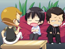  3boys brown_hair chibi couch game_cg kamikihara_motofumi multiple_boys narumi_suzune table tojita_sekai_no_tori_colony 