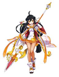  ahoge ara_haan black_hair braid elsword female french_braid full_body long_hair low-tied_long_hair miniskirt official_art orange_skirt pantyhose polearm polearm_behind_back sakra_devanam_(elsword) sando_(dukedevil) see-through see-through_legwear shirt shoes skirt smile solo spear standing tachi-e thigh_gap transparent_background weapon white_footwear yellow_eyes 