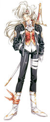  ascot boots female full_body gloves growlanser growlanser_i hand_in_pocket headband jacket julia_douglas long_hair looking_away official_art pants photoshop_(medium) ponytail solo standing sword tachi-e urushihara_satoshi weapon white_background white_footwear white_gloves white_hair 