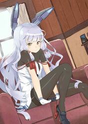  blush commentary_request couch dress female gloves grey_hair hair_ribbon headgear high_heels kantai_collection long_hair murakumo_(kancolle) murakumo_kai_ni_(kancolle) necktie ofly_(ofly252) orange_eyes pantyhose ribbon room sailor_dress school_uniform sitting smile solo tress_ribbon 