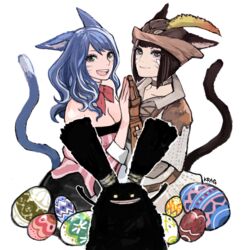  2girls blue_hair brown_hair commentary_request easter_egg egg final_fantasy final_fantasy_xiv miqo&#039;te multiple_girls smile spriggan_(final_fantasy) warrior_of_light_(ff14) yum0811 