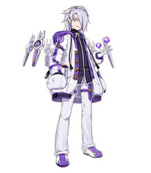  1boy add_(elsword) arc_tracer_(elsword) coat elsword full_body grey_hair hair_over_one_eye hand_in_pocket male_focus official_art pants purple_eyes sando_(dukedevil) shirt shoes smile solo standing tachi-e white_background wide-eyed 