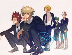  5boys absurdres alternate_costume bakugou_katsuki black_necktie black_pants blazer boku_no_hero_academia burn_scar collared_shirt commentary freckles full_body highres jacket kaminari_denki kirishima_eijirou midoriya_izuku multicolored_hair multiple_boys necktie pants scar scar_on_face sennen_suisei shirt shoes simple_background split-color_hair todoroki_shouto tuxedo white_background 