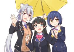  3girls black_hair blazer blue_eyes blue_hair blush bow bowtie cardigan commentary_request grey_hair hair_ornament hairclip higuchi_kaede higuchi_kaede_(1st_costume) holding holding_umbrella jacket jk_gumi_(nijisanji) long_hair looking_at_viewer mole mole_under_eye multiple_girls necktie nijisanji open_clothes open_jacket pink_bow pink_bowtie plaid plaid_skirt pocket ponytail purple_bow purple_bowtie purple_eyes purple_necktie school_uniform shared_umbrella shizuka_rin shizuka_rin_(1st_costume) short_hair simple_background skirt smile thumbs_up tsukino_mito tsukino_mito_(1st_costume) umbrella virtual_youtuber white_background yagara_(kishimen_f) yellow_eyes yellow_umbrella 