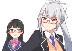  2girls black_hair blazer blue_eyes braid cardigan commentary_request french_braid glasses grey_hair hair_ornament hairclip higuchi_kaede higuchi_kaede_(1st_costume) jacket looking_at_another looking_away mole mole_under_eye multiple_girls nijisanji open_mouth ponytail purple_eyes school_uniform tsukino_mito tsukino_mito_(1st_costume) virtual_youtuber white_background yagara_(kishimen_f) 