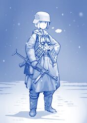  binoculars blue_theme boots coat combat_helmet commentary erica_(naze1940) female gloves gun helmet highres military military_uniform monochrome mp40 nazi original overcoat pouch short_hair sigrunen snow snowing soldier solo ss_insignia stahlhelm submachine_gun uniform waffen-ss weapon world_war_ii 