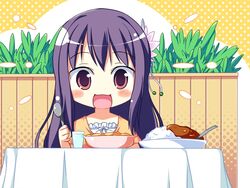  arihara_nodoka chibi female food game_cg narumi_suzune purple_eyes purple_hair solo tojita_sekai_no_tori_colony 