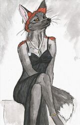  anthro canid canine clothing corsack cross_fox dress ear_piercing female fox geraldine mammal piercing red_fox solo true_fox 