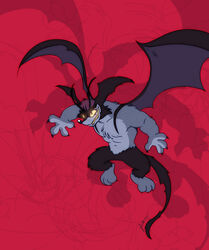  3_toes 4_fingers anthro biped black_claws black_nose canid canine canis claws clothed clothing crossover demon devilman_(series) feet finger_claws fingers full-length_portrait male mammal muscular piti_yindee portrait red_background signature simple_background toes topless wings wolf wuffle wuffle_(webcomic) 