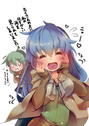  2girls blue_hair blush breasts commentary_request duel_monster eria_(yu-gi-oh!) eria_the_water_charmer green_hair highres jacket long_hair looking_at_viewer medium_breasts multiple_girls open_mouth ponytail ribbon smile translation_request wynn_(yu-gi-oh!) wynn_the_wind_charmer yaibaken yu-gi-oh! yu-gi-oh!_duel_monsters 