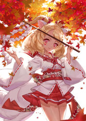  animal_ears arms_up autumn autumn_leaves blade_&amp;_soul blonde_hair commentary_request falling_leaves female fox_ears fox_tail gohei hakama hakama_short_skirt hakama_skirt highres japanese_clothes leaf long_hair lyn_(blade_&amp;_soul) miko miniskirt obi outdoors photoshop_(medium) pink_eyes ponytail red_skirt sash shirt skirt smile solo star-shaped_pupils star_(symbol) symbol-shaped_pupils tail tree tsuna2727 white_shirt wind 