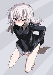  angry arm_behind_back bad_id bad_twitter_id barefoot black_jacket blue_eyes blush closed_mouth commentary cosplay dog_girl dog_tail dress_shirt embarrassed erica_hartmann erica_hartmann_(cosplay) female frown full_body girls_und_panzer gradient_hair grey_background grey_shirt itsumi_erika jacket kemonomimi_mode kneeling long_hair long_sleeves looking_at_viewer military military_uniform multicolored_hair no_pants shirt shirt_tug solo strike_witches tail take_shinobu tearing_up uniform v-shaped_eyebrows wavy_mouth white_hair world_witches_series 