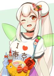  commentary_request elf elu_(nijisanji) fairy_wings female flower food hair_flower hair_ornament i_heart... lantern nijisanji one_eye_closed open_mouth orange_eyes pointy_ears side_ponytail smile sushi tokyo_tower translucent virtual_youtuber white_hair wings yagara_(kishimen_f) 