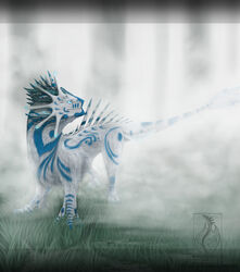  absurd_res blue_eyes daiman_night_dragon_(keltaan) deanosaior dragon feral fog fur grass hi_res kelta&#039;an_(character) male mythological_creature mythological_scalie mythology outside plant scalie solo standing tail white_body white_fur 