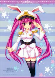  animal_ears armor beatmania_iidx black_thighhighs blush breasts commentary emblem female hat highres hinata_momo legs_together letterboxed long_hair long_sleeves looking_at_viewer medal medium_breasts mizushiro_celica pauldrons peaked_cap pleated_skirt purple_eyes purple_hair rabbit_ears salute shoulder_armor skirt smile solo standing star_(symbol) striped striped_background thighhighs twintails uniform white_hat white_skirt zettai_ryouiki 