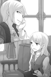  2girls :d ayakura_juu canine collarbone enekk eve_bolan greyscale hair_between_eyes head_rest indoors long_hair monochrome multiple_girls nora_arento novel_illustration official_art open_mouth parted_lips shirt short_hair sitting smile spice_and_wolf 