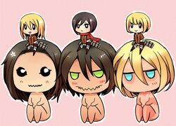  2boys 4girls :&gt; :d :x armin_arlert bad_id bad_pixiv_id black_eyes black_hair blonde_hair blue_eyes blush boots brown_hair chibi female_titan giant green_eyes jaw_titan krista_lenz long_hair long_sleeves mikasa_ackerman military military_uniform multiple_boys multiple_girls no_mouth open_mouth pannakotta paradis_military_uniform rogue_titan scarf shingeki_no_kyojin short_hair sitting smile spoilers thigh_strap three-dimensional_maneuver_gear titan_(shingeki_no_kyojin) uniform 