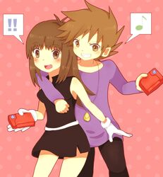  !! 1boy ako_(ako0905) blue_(pokemon) blue_(pokemon)_(classic) brown_eyes brown_hair dress female gloves musical_note ookido_green pokedex pokemon pokemon_(game) pokemon_rgby 