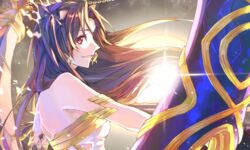  bare_shoulders breasts brown_hair chains commentary_request earrings fate/grand_order fate_(series) female gauntlets highres hikari50503 ishtar_(fate) jewelry lens_flare long_hair medium_breasts red_eyes shoulder_blades single_gauntlet smile 