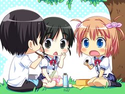  1boy 2girls blue_eyes brown_hair chibi game_cg miyamori_korone multiple_girls narumi_suzune shijo_yuki short_hair tojita_sekai_no_tori_colony uniform 