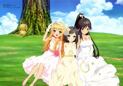  3girls absurdres azuki_azusa black_hair blonde_hair blue_eyes blush breasts cleavage cloud day dress elbow_gloves flower gloves green_eyes hair_flower hair_ornament hentai_ouji_to_warawanai_neko. highres imageboard_desourced imoto_yuki legs long_hair medium_breasts megami_magazine multiple_girls non-web_source official_art one_side_up open_mouth outdoors ponytail short_hair sky small_breasts smile tiara tsutsukakushi_tsukiko tsutsukakushi_tsukushi very_long_hair 