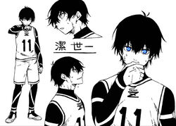  1boy ahoge blue_eyes blue_lock commentary_request full_body gym_uniform hair_between_eyes hand_to_own_mouth isagi_yoichi male_focus monochrome multiple_views profile short_hair simple_background spot_color tarou_(run) translation_request upper_body white_background 