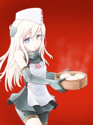  apron bamboo_steamer baozi bare_shoulders blonde_hair blush commentary_request cowboy_shot female food garrison_cap grey_eyes hat headgear holding kantai_collection long_hair looking_at_viewer meihemu open_mouth red_background simple_background solo steam swimsuit u-511_(kancolle) zipper 