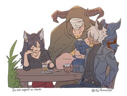  2boys animal_ears armor asaya_minoru bandaged_head bandages black_pants black_shirt black_sweater chair crossed_legs cup dark-skinned_male dark_skin draph drinking_glass english_text erune eustace_(granblue_fantasy) female gauntlets granblue_fantasy grey_hair grey_jacket holding holding_cup horns ilsa_(granblue_fantasy) jacket long_sleeves multiple_boys on_chair open_clothes open_jacket pants pauldrons profile red_eyes red_pants ribbed_sweater shirt shoulder_armor simple_background sitting spikes sweater table turtleneck turtleneck_sweater twitter_username vaseraga white_background 