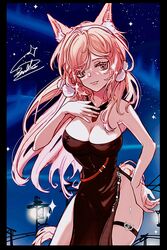  absurdres animal_ears arknights bare_arms bare_shoulders black_dress breasts chinese_commentary cleavage collar commentary_request cowboy_shot dress female highres large_breasts long_hair looking_at_viewer night night_sky official_alternate_costume outdoors pink_eyes pink_hair pom_pom_(clothes) pozyomka_(arknights) pozyomka_(snowy_plains_in_words)_(arknights) sky smile solo standing strapless strapless_dress tail thigh_strap very_long_hair wolf_ears yuantianxiaoer 