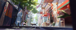  2boys animal animal_ears black_cat blue_hair building cat_boy cat_ears cat_tail commentary_request dappled_sunlight day felicia_chen feline highres lolicon long_hair luo_xiaohei luo_xiaohei_(human) luo_xiaohei_zhanji multiple_boys outdoors squatting standing sunlight tail tree very_long_hair wide_shot wuxian_(the_legend_of_luoxiaohei) 