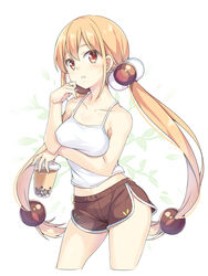  arm_under_breasts bare_arms bare_shoulders blush breast_hold breasts brown_eyes brown_hair brown_shorts bubble_tea camisole chinese_commentary collarbone commentary_request cropped_legs cup disposable_cup female hair_between_eyes hair_bobbles hair_ornament hatsunatsu holding holding_cup long_hair low_twintails medium_breasts midriff parted_lips partial_commentary short_shorts shorts solo twintails very_long_hair white_background white_camisole xiaoyuan_(you_can_eat_the_girl) you_can_eat_the_girl 