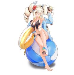  anklet bad_id bad_pixiv_id ball barefoot beachball bikini black_bikini blonde_hair blush cooking cuisine_dimension drive_shot feet female flower hair_flower hair_ornament hibiscus holding_with_feet hood hoodie horn_ornament horns jewelry one_eye_closed sitting_on_ball soles swimsuit toes twintails yellow_eyes 