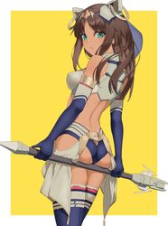  alice_gear_aegis animal_ears ass ass_focus bare_shoulders blue_eyes border brown_hair commentary cowboy_shot dark-skinned_female dark_skin detached_sleeves fake_animal_ears female highres holding holding_weapon kaneshiya_sitara long_hair looking_back open_mouth polearm simple_background solo spear symbol-only_commentary tsukira_(amayadori) weapon white_border yellow_background 