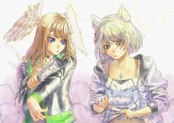  2girls animal_ears blue_eyes brown_hair cat_ears chest_jewel eunie_(xenoblade) feathers fingerless_gloves gloves grey_hair head_wings highres hood hoodie jacket lint_roller medium_hair mio_(xenoblade) multiple_girls shedding shedding_feathers shedding_fur short_hair upper_body vvbert wings xenoblade_chronicles_(series) xenoblade_chronicles_3 yellow_eyes 