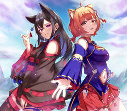  2girls absurdres animal_ears arm_cutout between_legs black_hair black_thighhighs blue_hair blue_kimono blue_sky blue_sleeves blunt_bangs braid breasts cat_ears clothing_cutout cloud colored_inner_hair detached_sleeves fox_shadow_puppet hair_between_eyes hair_ornament hairclip hand_between_legs highres hill ichinose_uruha ichinose_uruha_(3rd_costume) japanese_clothes kimono looking_at_viewer lupinus_virtual_games mandarin_collar medium_breasts midriff multicolored_hair multiple_girls navel nijisanji obi official_alternate_costume orange_eyes outdoors outstretched_hand purple_eyes ratna_petit ratna_petit_(2nd_costume) red_skirt sash shakkiyi sidelocks skirt skirt_cutout sky sleeveless sleeveless_kimono sleeves_past_wrists smile standing stomach_cutout streaked_hair thighhighs virtual_youtuber vspo! x_hair_ornament 