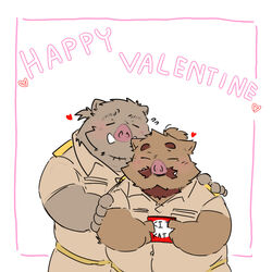  1:1 2022 anthro blush closed_eyes duo facial_hair heart_symbol hi_res holidays humanoid_hands kemono male male/male mammal moustache overweight overweight_male suid suina sus_(pig) valentine&#039;s_day whitebeast20 wild_boar 