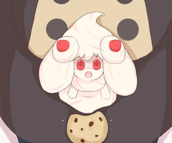  alcremie alcremie_(strawberry_sweet) alcremie_(vanilla_cream) chirun0 commentary_request cookie creature_as_food crossover female fire_emblem fire_emblem:_three_houses food fruit garreg_mach_monastery_uniform lysithea_von_ordelia open_mouth pokemon pokemon_(creature) red_eyes strawberry uniform 