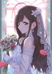  ahoge blurry blush bokeh bride brown_hair depth_of_field detached_sleeves dress earrings female flower glint gloves hair_flower hair_ornament highres holding holding_flower idolmaster idolmaster_shiny_colors jewelry kuwayama_chiyuki lace-trimmed_veil lace_trim long_hair looking_at_viewer looking_to_the_side own_hands_together petals see-through see-through_sleeves simoumi_217 smile solo sunlight upper_body wavy_hair wedding_dress white_dress white_gloves window 