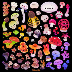  &gt;_&lt; @_@ arrow_(symbol) artist_name black_background black_eyes closed_eyes closed_mouth commentary english_commentary english_text fangs fly_agaric halo looking_at_viewer looking_to_the_side morel mushroom no_humans open_mouth original pikaole shiitake simple_background smile solid_circle_eyes tears watermark wings x_x 