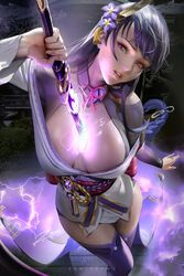  artist_name bangs banned_artist bare_shoulders braid braided_ponytail breasts cleavage detached_collar female genshin_impact hair_ornament japanese_clothes katana kimono large_breasts long_hair long_sleeves looking_at_viewer obi off_shoulder parted_lips purple_eyes purple_hair purple_kimono purple_legwear raiden_(genshin_impact) sash solo sword thighhighs thighs weapon wide_sleeves zumi_(zumidraws) 